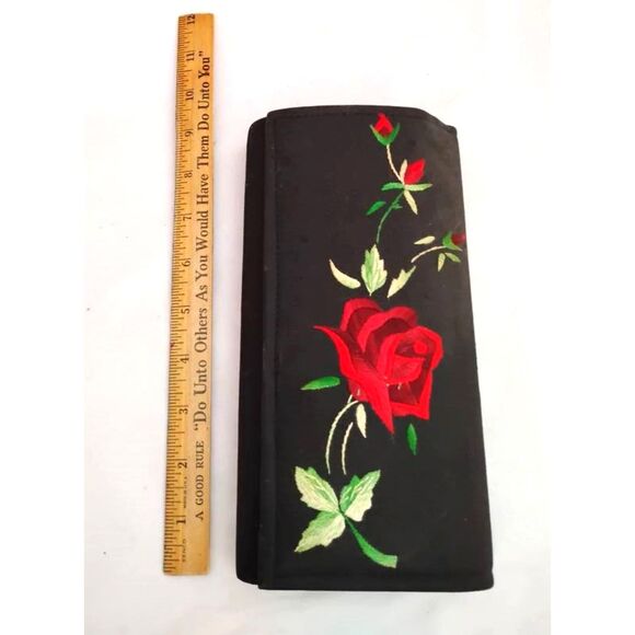 1960s Vintage Black Fabric Clutch Purse with Red Rose Embroidery and Mirror - Picture 2 of 5